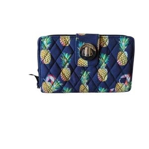 Toucan Party Pineapple Print Quilted Women's Turn Lock  Wallet Blue Vintage